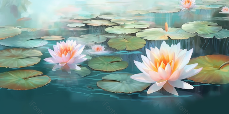 绿色清爽夏天白色花朵荷花在池塘里绽放中国风背景插画,插画/手绘图,插画/手绘图库,插画/手绘图下载,插画/手绘